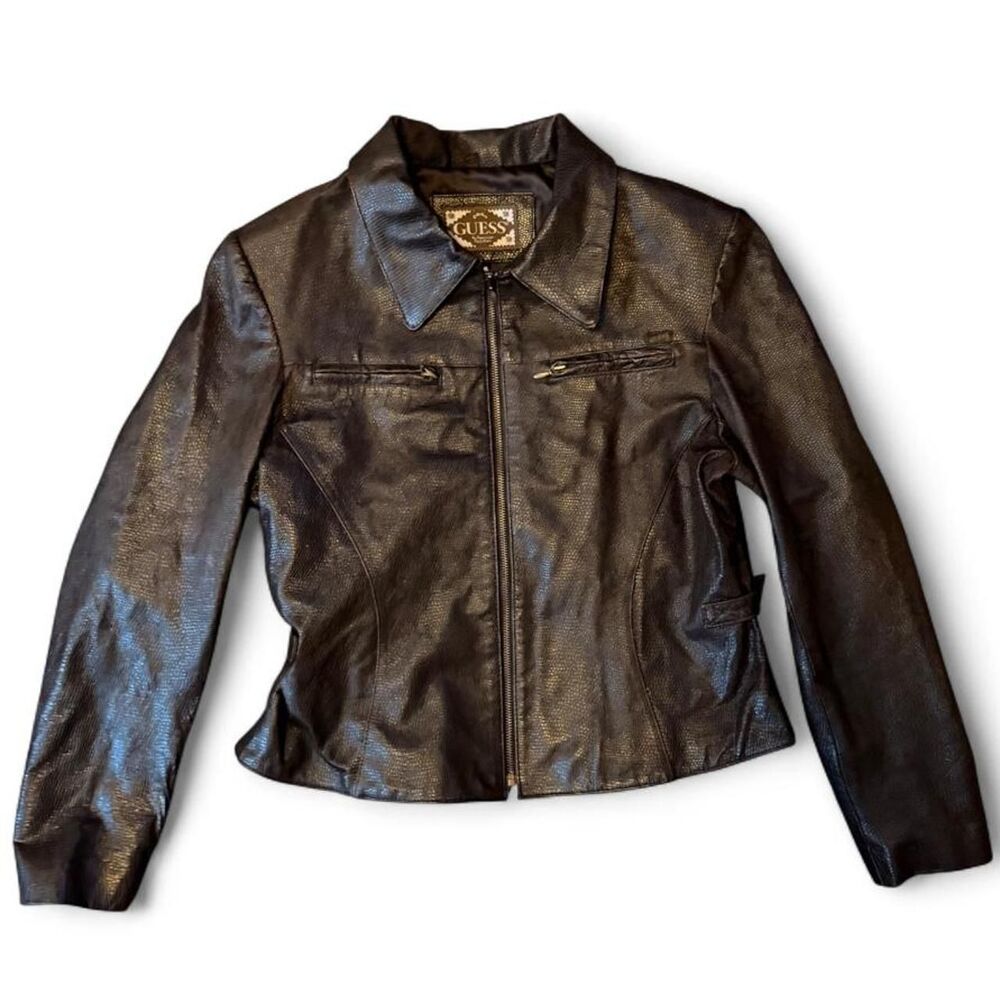 Vintage GUESS Brown Faux Snakeskin Jacket Women’s L Y2K Full Zip Moto 90s 2000s